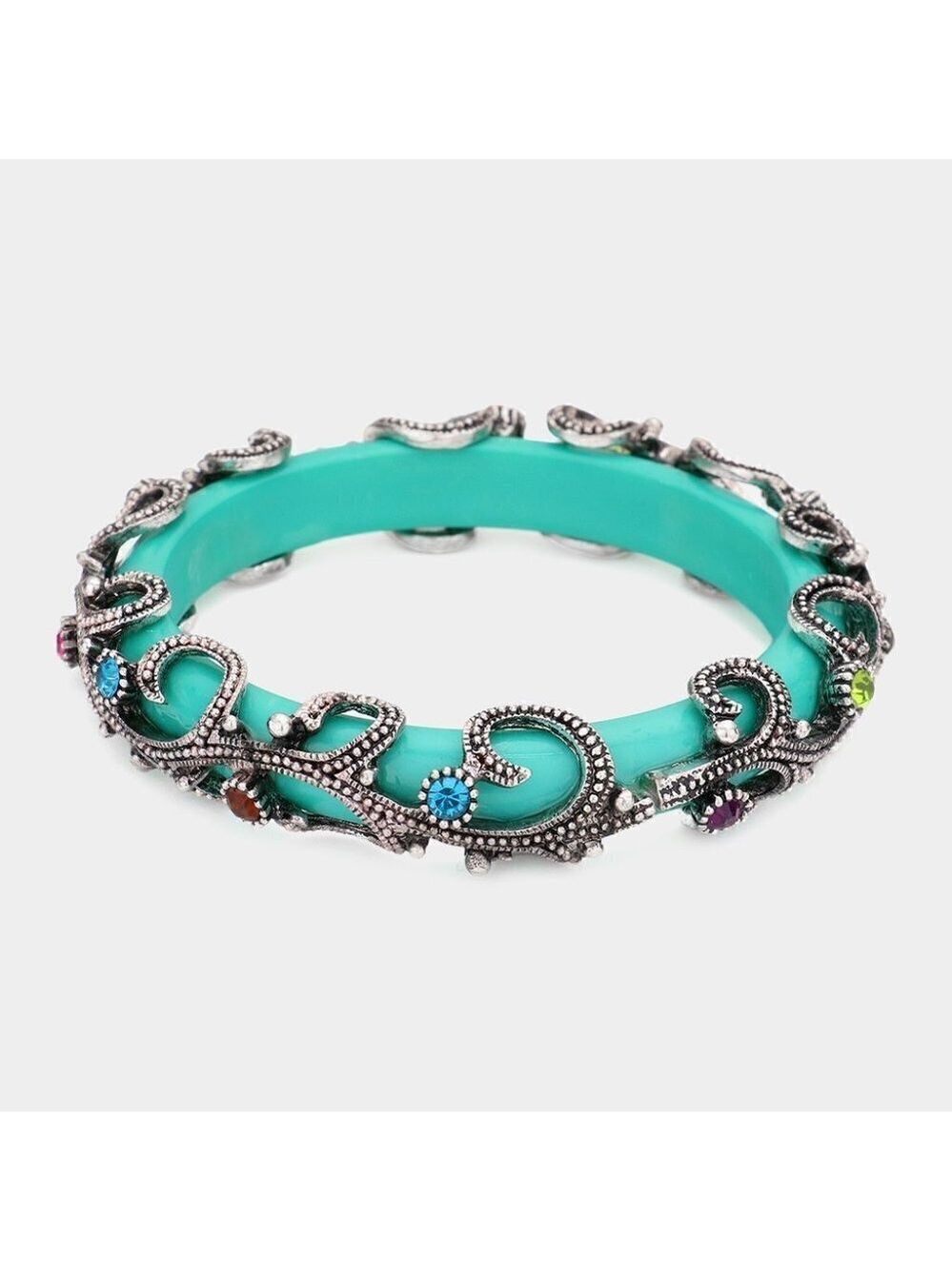 NTW Turquoise Antique Metal Crystal Beaded Floral Tube Bangle Bracelet‎